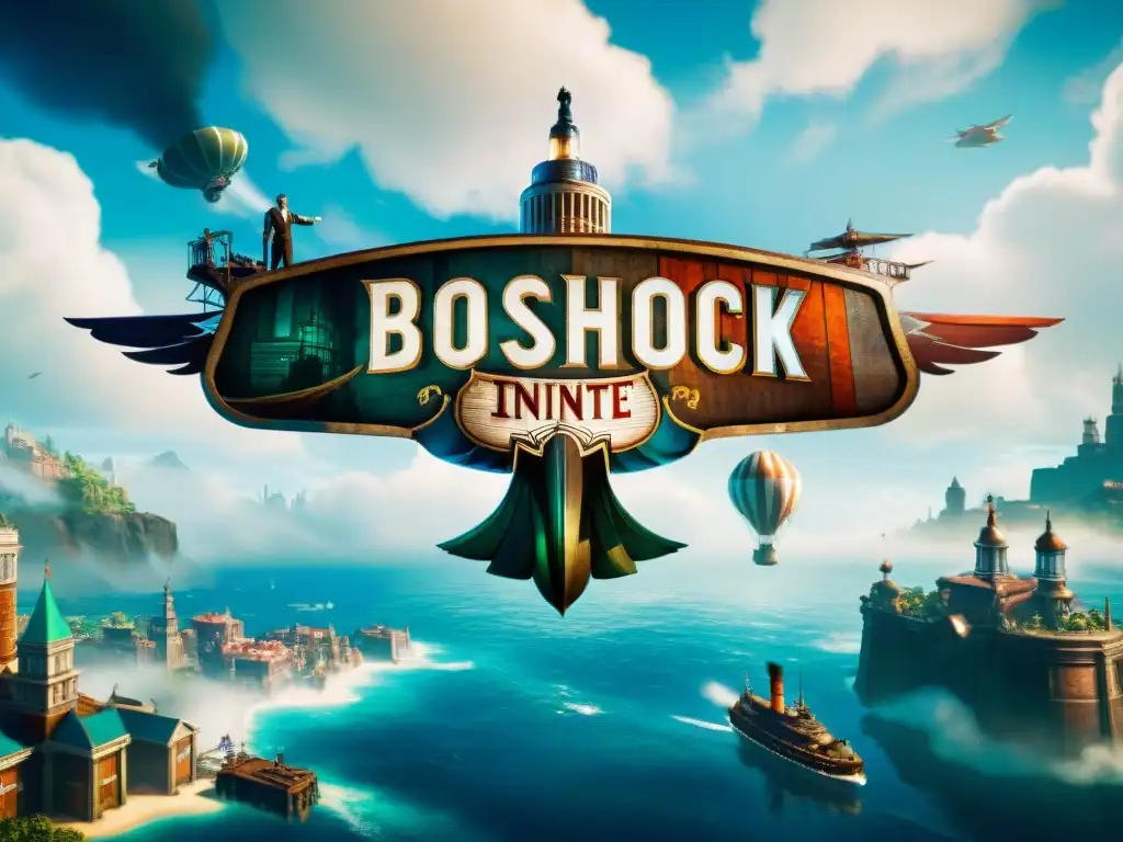 Una ciudad flotante bulliciosa con arquitectura steampunk detallada y personajes de 'Bioshock Infinite'