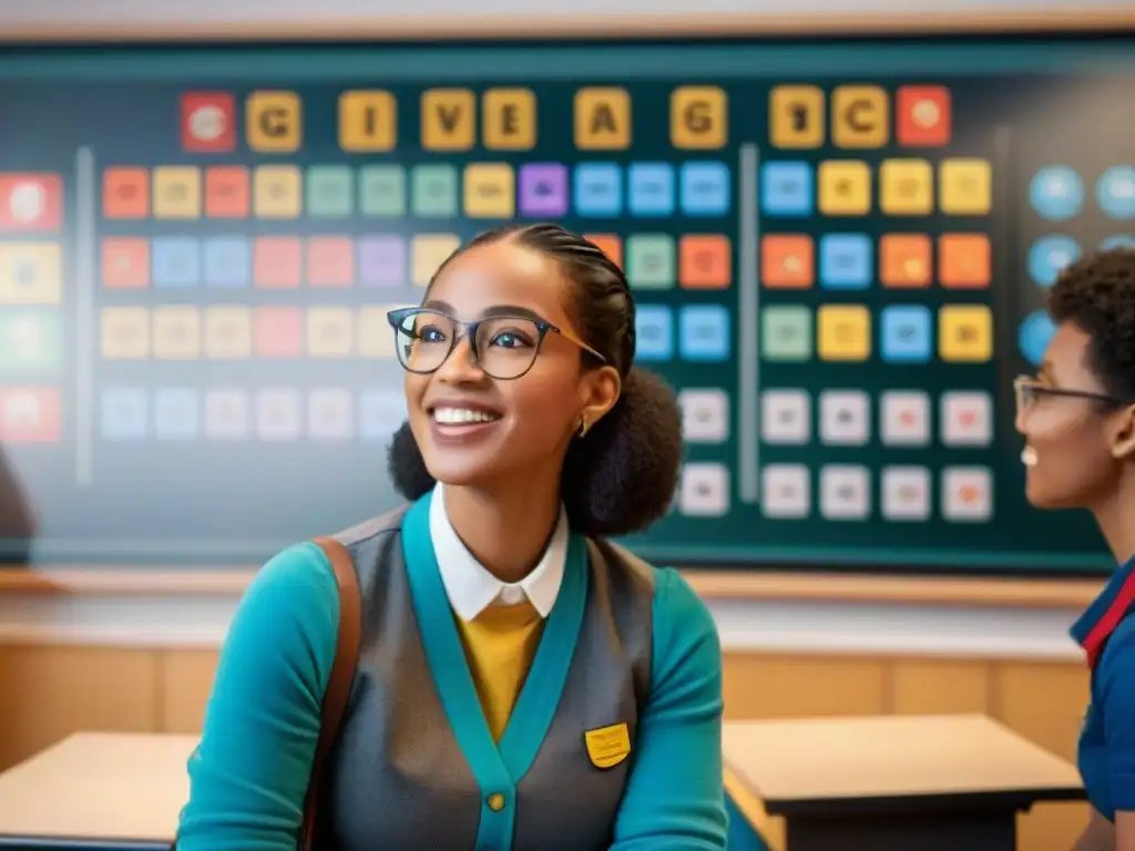 Una clase vibrante con juegos educativos revolución aulas, estudiantes felices y concentrados, pizarras coloridas y pantallas interactivas