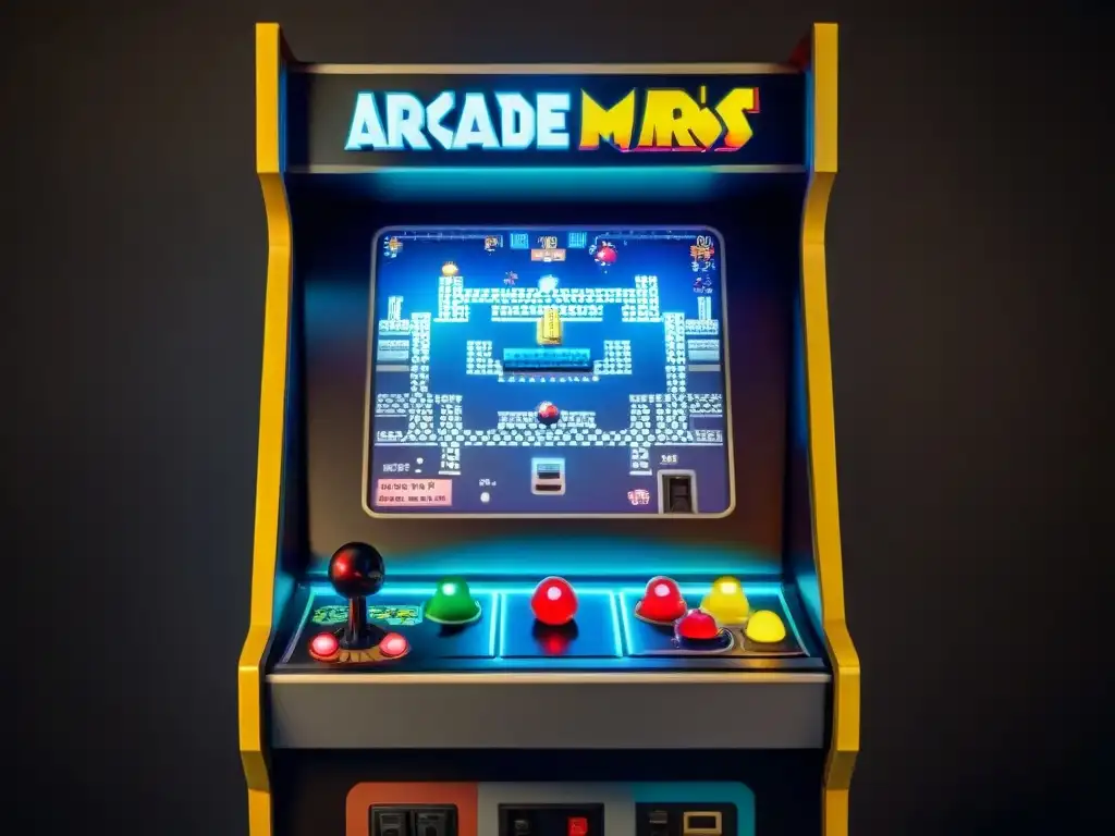 Colección de juegos clásicos digitalizados: Detalle de un gabinete de arcade vintage iluminado en una habitación tenue, con controles de joystick intrincados, botones coloridos y pantalla mostrando un juego clásico pixelado como PacMan o Space Invaders