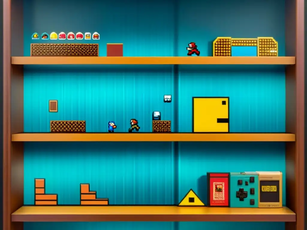 Colección de juegos clásicos digitalizados en elegante estante moderno, con PacMan, Tetris y más, iluminados por foco suave