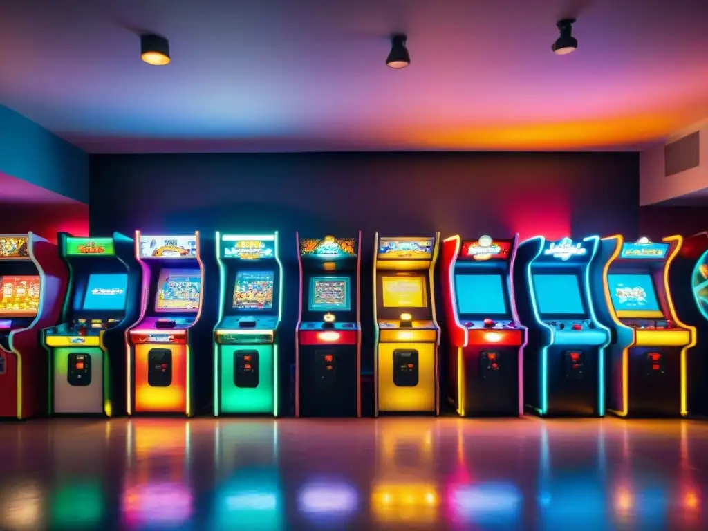 Colección de juegos clásicos digitalizados en sala arcade vintage con luces neón y pantalla colorida