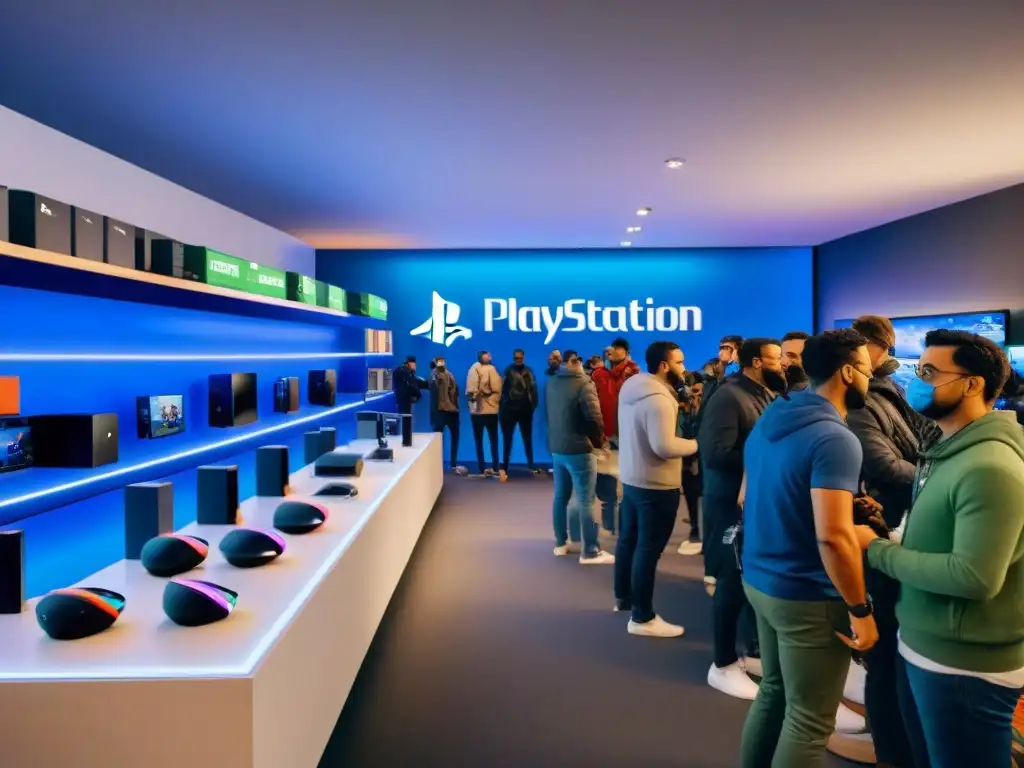 Clientes emocionados en tienda de electrónica, comparativa PlayStation 5 vs