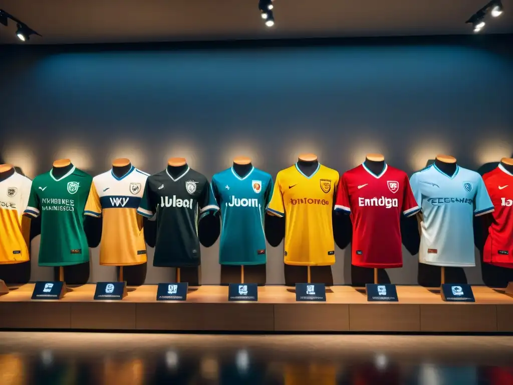 Una colección de camisetas icónicas de fútbol de diferentes épocas, en un museo atmosférico