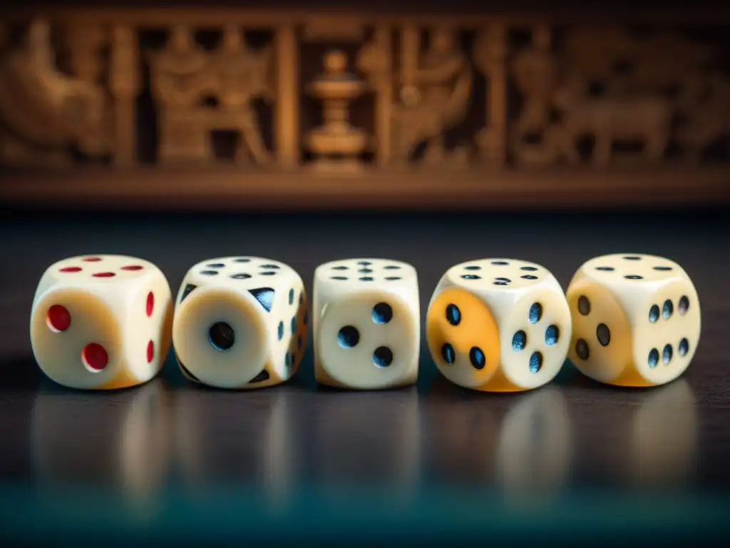 Una colección de juegos de dados antiguos coleccionables de distintas culturas, resaltando la artesanía única de cada uno