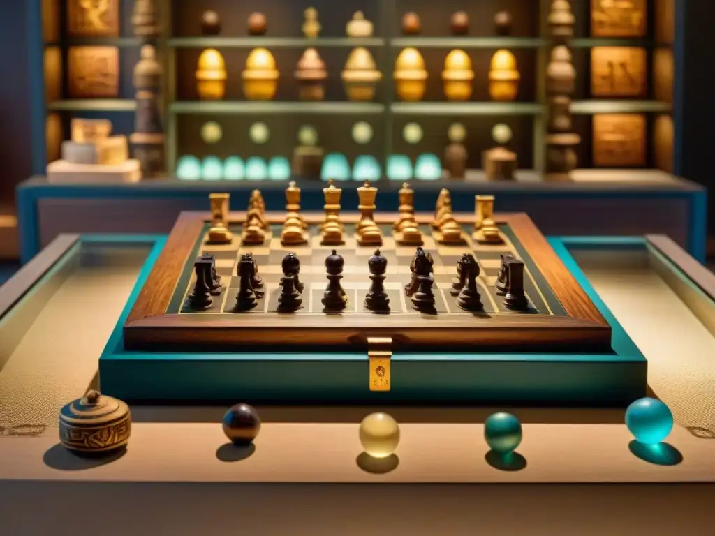 Exposición fascinante de juegos antiguos en museo Una colección diversa de juegos antiguos de diferentes culturas cuidadosamente exhibidos en un museo