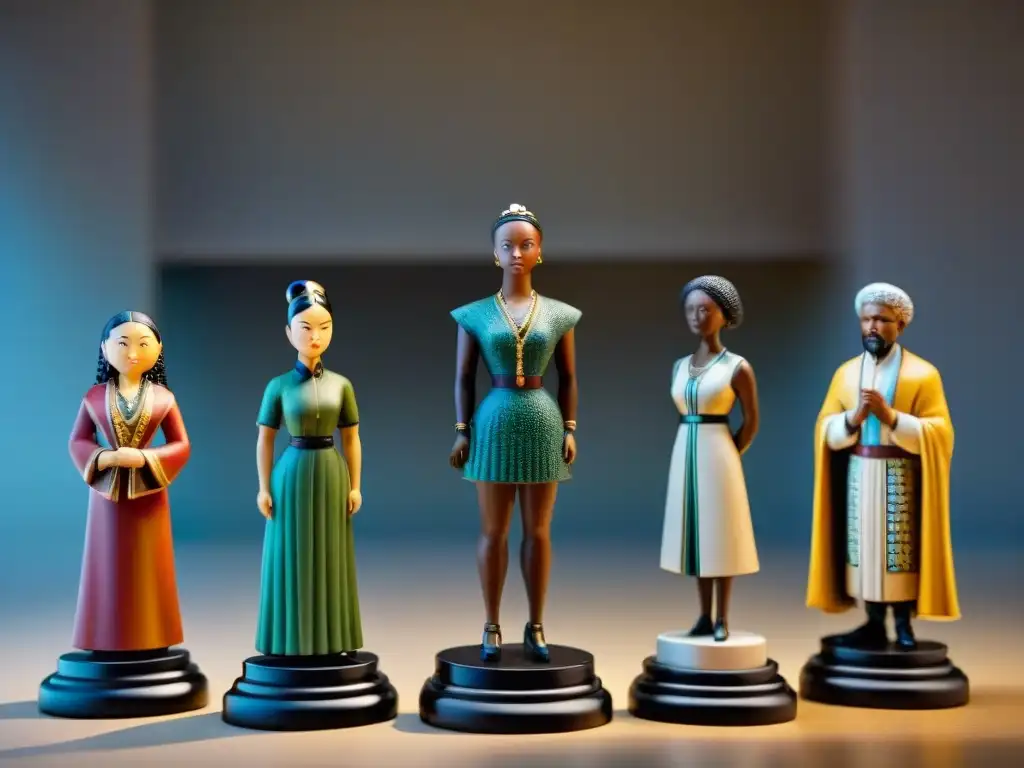 Una colección diversa de figuras coleccionables raras y valiosas en un entorno iluminado como museo