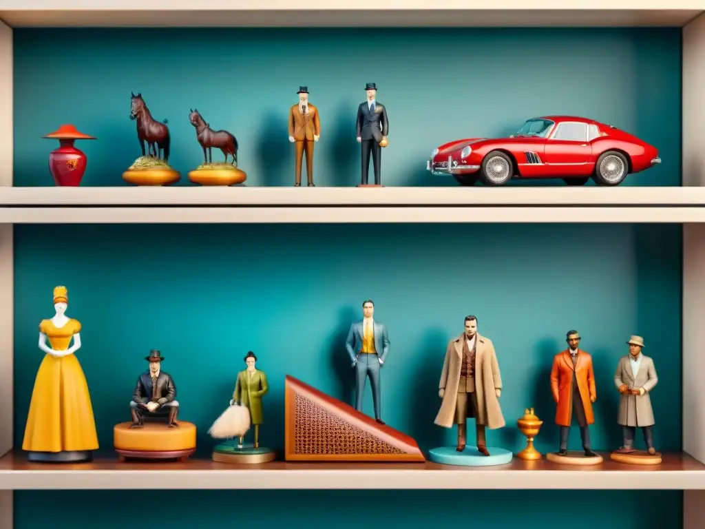 Una colección diversa de figuras coleccionables raras y valiosas en estantes modernos, detalladas y coloridas, con memorabilia vintage