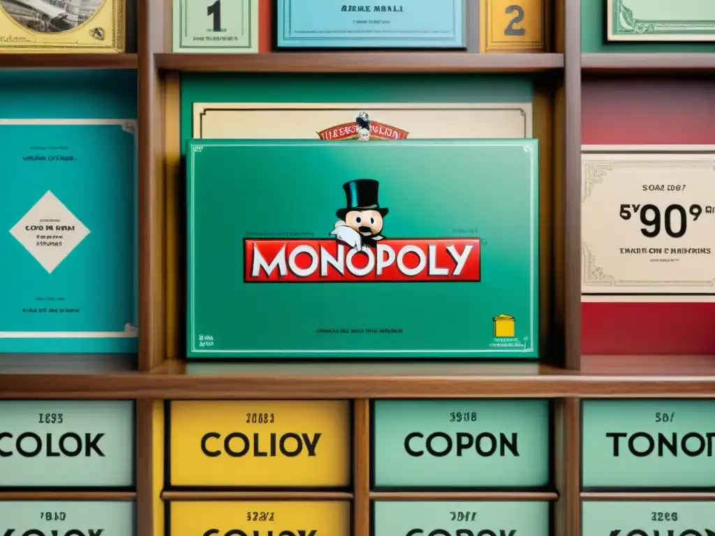 Una colección de Ediciones Raras de Monopoly en estantes de madera, con detalles únicos y cálida iluminación