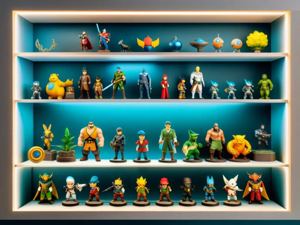 Una colección de figuras de videojuegos meticulosamente dispuestas, resaltando la importancia cultural de coleccionar figuras