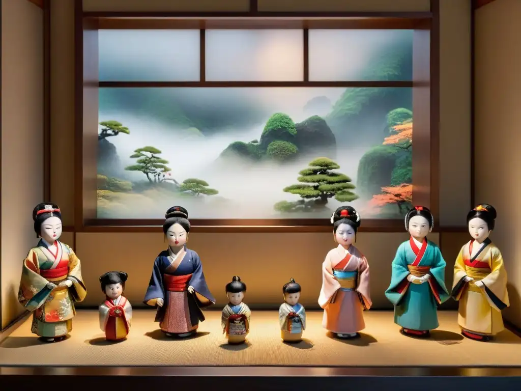 Dioramas japoneses: muñecas tradicionales en kimono Una colección de muñecas japonesas tradicionales en el Museo de Juguetes Antiguos, con kimonos vibrantes y poses históricas