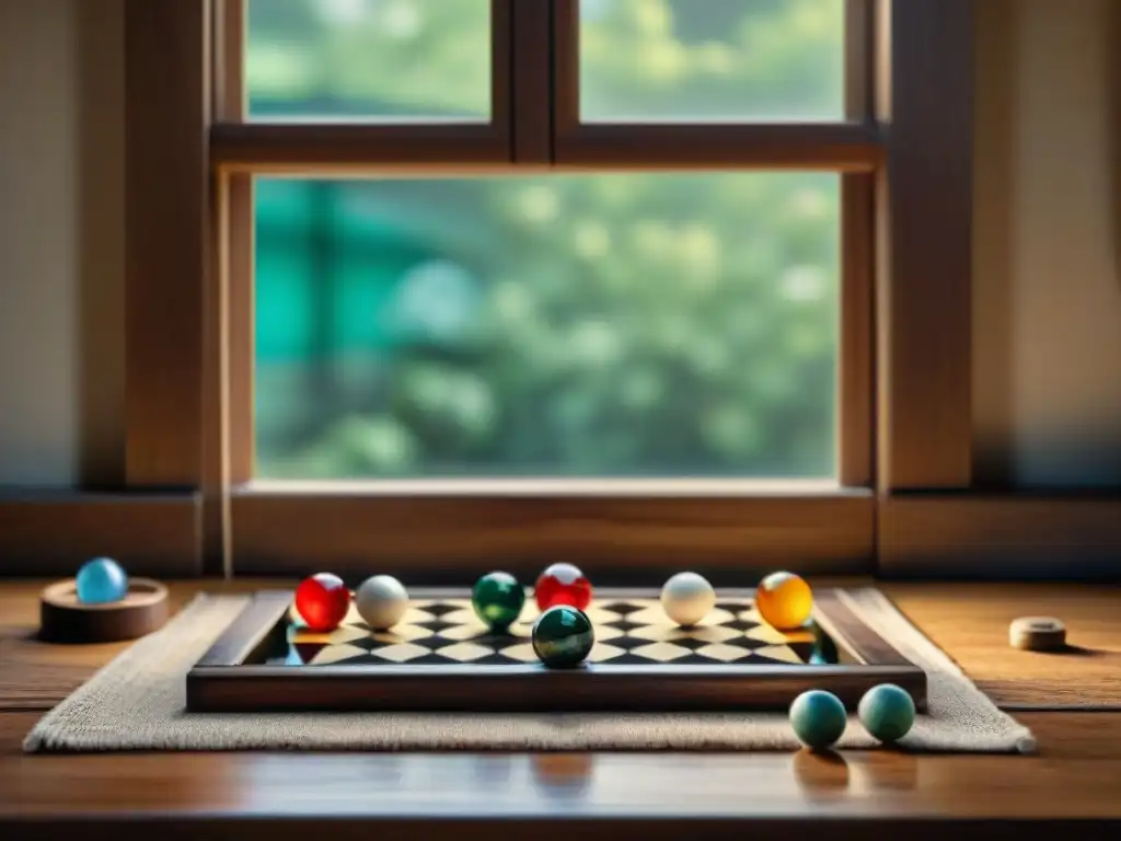 Una colección de juegos tradicionales en una mesa de madera desgastada, resaltando la importancia de los juegos de antaño