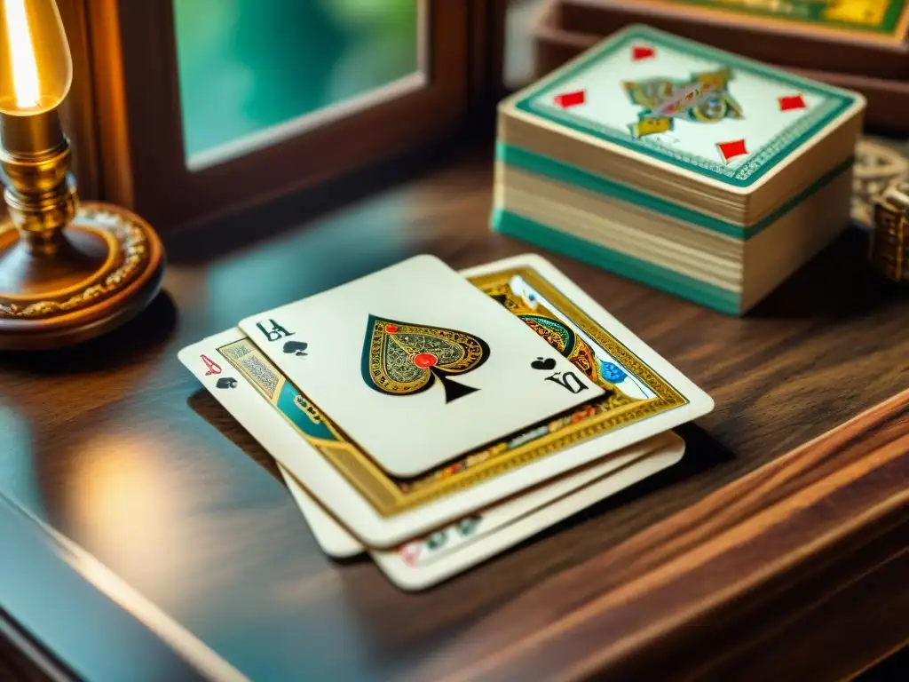 Una colección valiosa de juegos antiguos exhibidos en una mesa de madera vintage, con detalles intrincados y patrones ornamentales