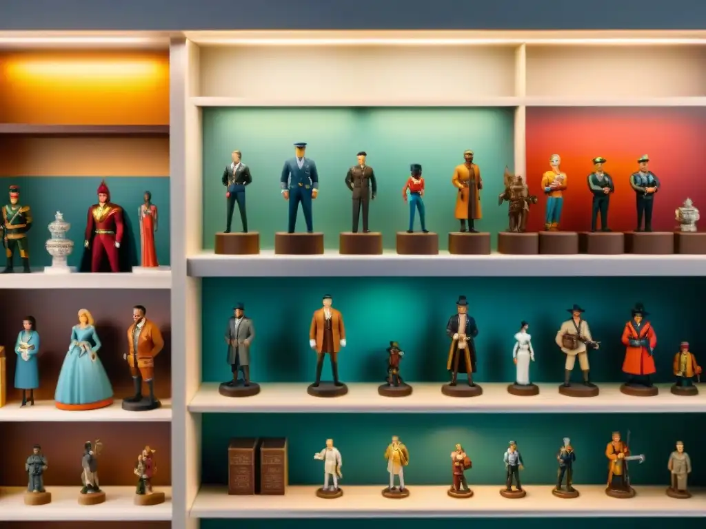 Colección única de figuras coleccionables: vintage y ediciones limitadas Una colección variada y detallada de figuras coleccionables raras, destacadas en estantes con iluminación suave