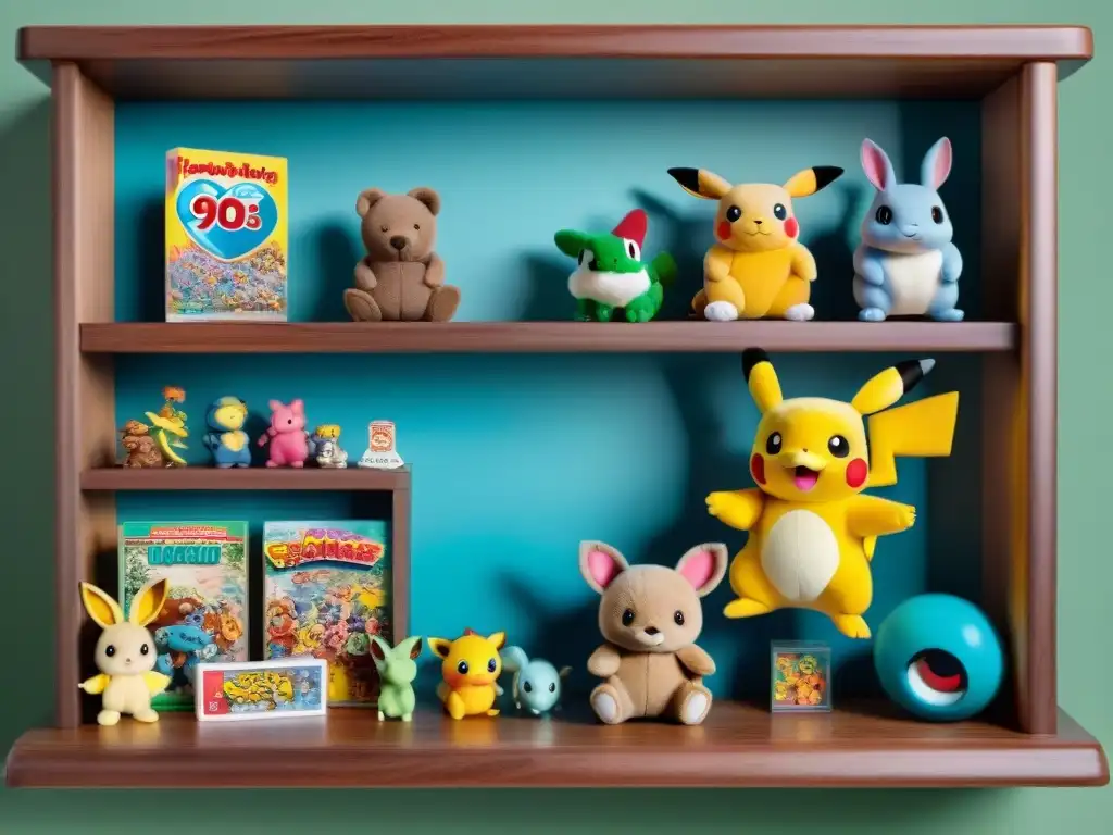 Coleccionables de los 90 en cultura: Detalles vibrantes de Beanie Babies, Tamagotchis, Polly Pockets y cartas Pokémon en estante vintage