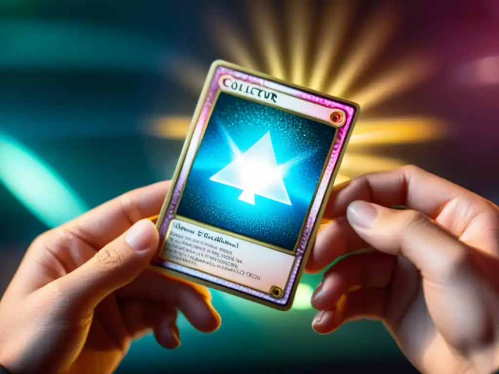 Un coleccionista admira una carta holográfica rara de YuGiOh, reflejando la pasión por las ediciones limitadas cartas YuGiOh