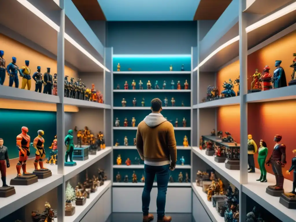 Habitación de coleccionista con figuras y figuras de acción organizadas con meticulosidad, reflejando la psicología del coleccionismo de figuras