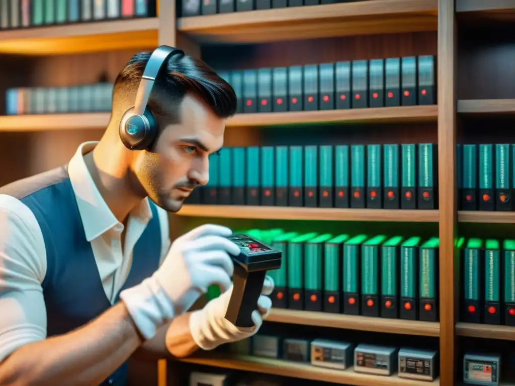 Un coleccionista examina con meticulosidad una valiosa colección de juegos antiguos, rodeado de estantes llenos de tesoros retro