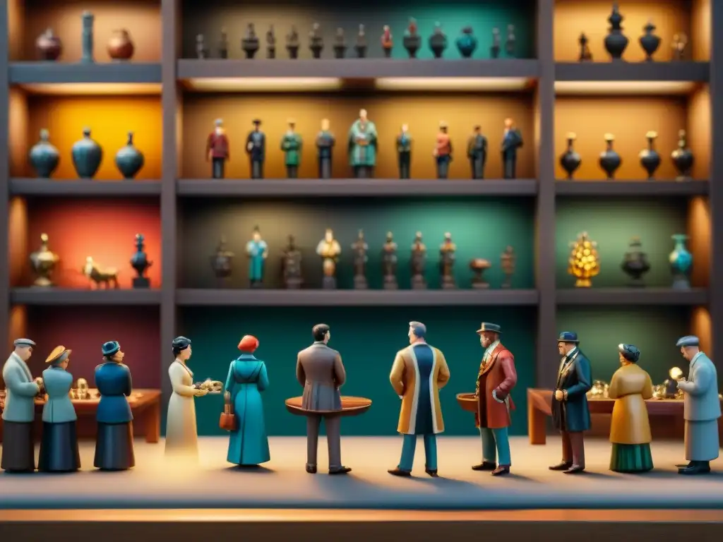 Excitante reunión de coleccionistas apasionados examinando figuras únicas Coleccionistas examinan figuras raras con entusiasmo y concentración