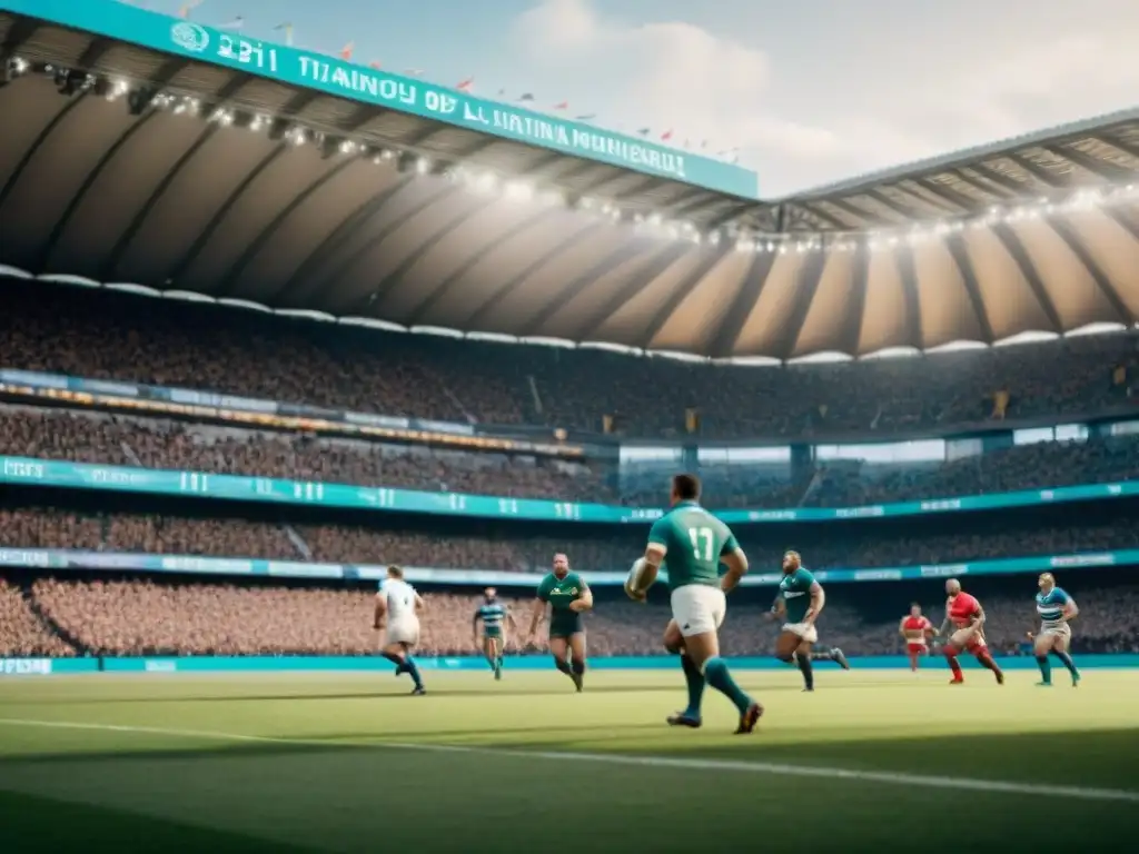 Evolución histórica del rugby en Latinoamérica Collage de la historia y evolución del rugby en América Latina, desde juegos indígenas hasta partidos modernos en ciudades vibrantes