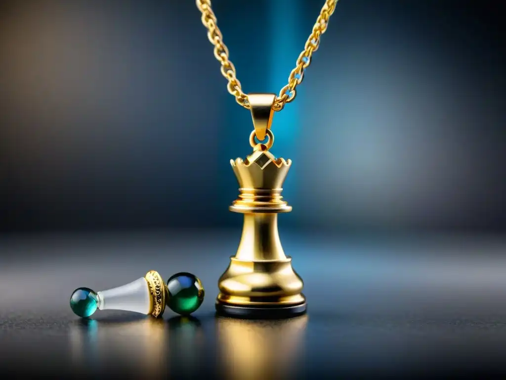 Collar de ajedrez de lujo: oro, plata y gemas Collar de diseñador inspirado en ajedrez, con piezas de oro y plata entrelazadas con gemas brillantes sobre terciopelo negro