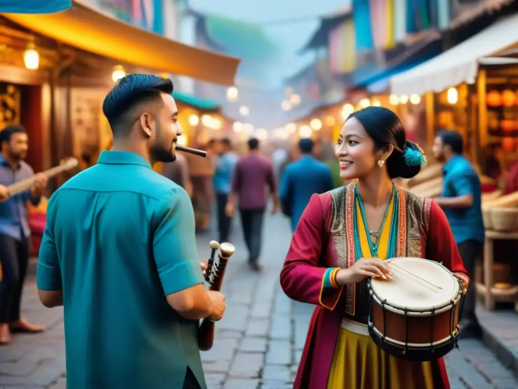 Musicians playing traditional instruments in a colorful marketplace, influenced by traditional games