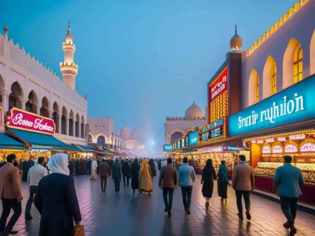 Colorida calle en ciudad árabe: mezcla de arquitectura tradicional y moderna, gente y un casino