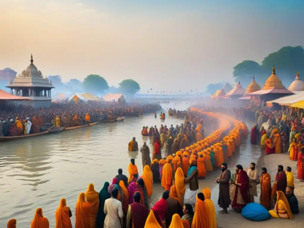 Colorida escena de devotos en el festival Kumbh Mela en India, con historia, cultura y tradiciones sagradas en el río Ganges