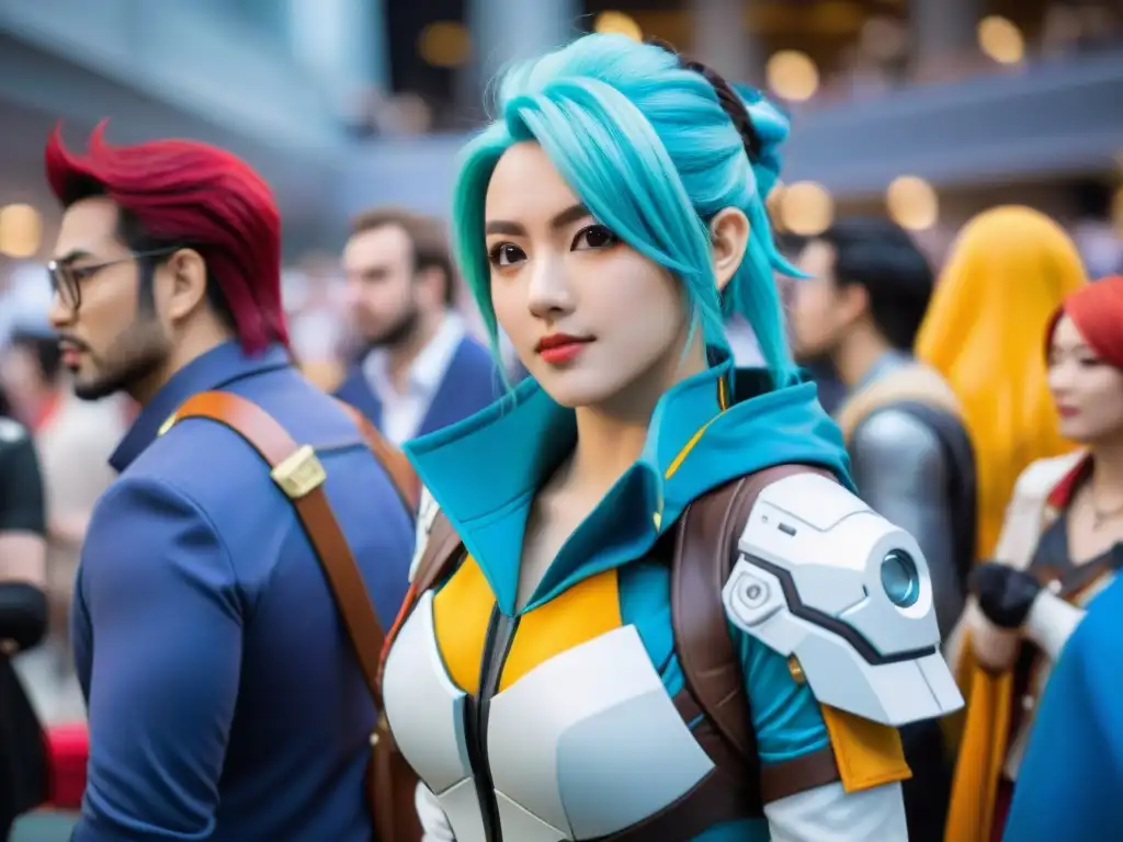 Colorida convención de juegos moderna internacional con cosplayers de Overwatch, Final Fantasy y League of Legends