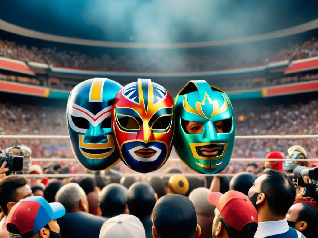 Coloridas máscaras de lucha libre suspendidas en línea, fondo de estadio lleno de fans entusiastas