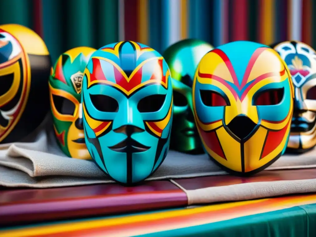 Coloridas máscaras de luchadores cuelgan en puesto de mercado mexicano, reflejando la rica historia y culturas de la Lucha Libre