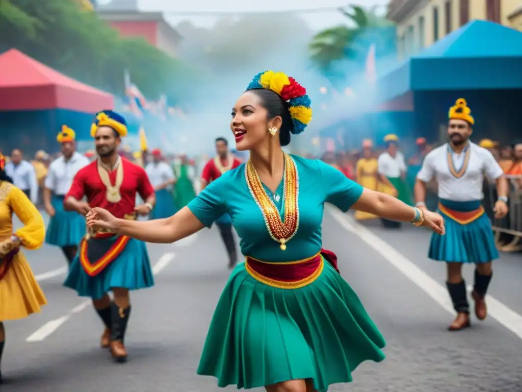 Colorido festival tradicional en América Latina con desfile, bailes y juegos