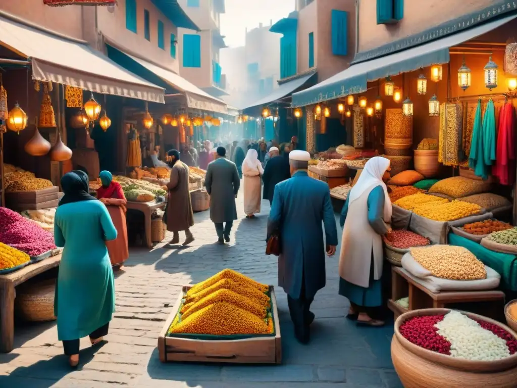 Colorido mercado en ciudad histórica del Medio Oriente vendiendo juegos de ingenio a clientes diversos