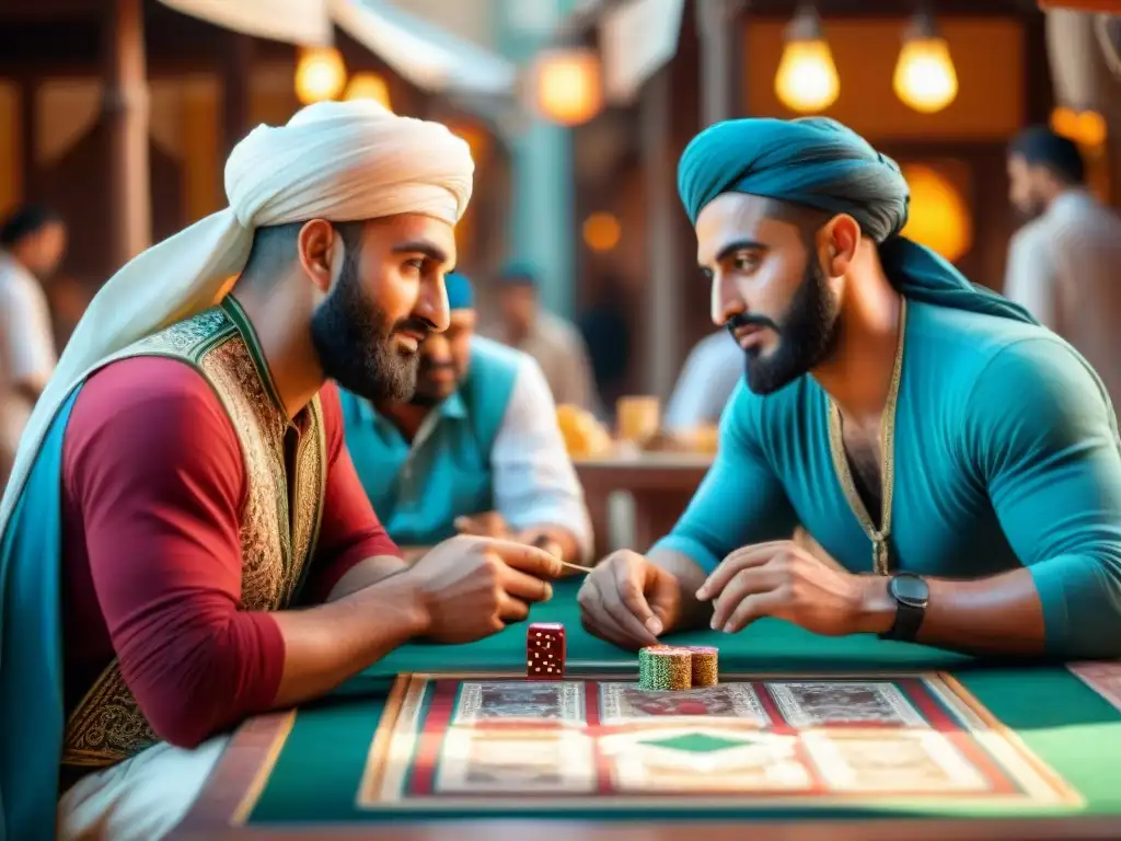 Un colorido mosaico de antiguos jugadores de cartas en un bullicioso mercado del Medio Oriente, reflejando la rica historia de los juegos de cartas en la región