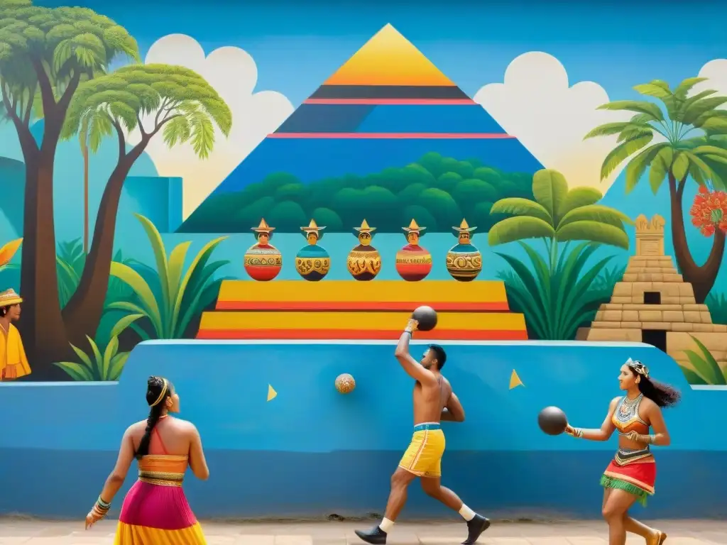 Colorido mural muestra escena del juego de pelota mesoamericano con importancia espiritual