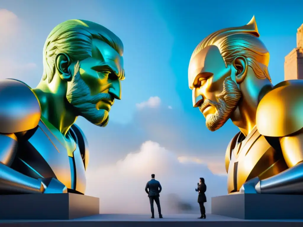 Dos colosales estatuas de Sony y Microsoft compiten con personajes icónicos en una arena digital, reflejando la batalla titanes juegos era digital