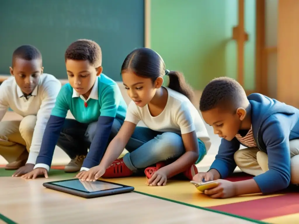 Una comparación visual entre niños jugando juegos educativos tradicionales y modernos, fusionando cultura y tecnología