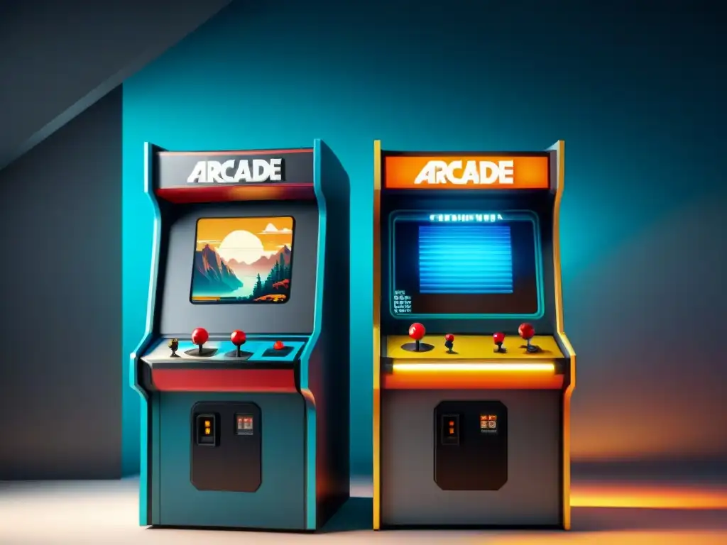 Una comparación visual entre tecnología vintage en juegos modernos: una máquina arcade de los 80 y una consola retroinspirada