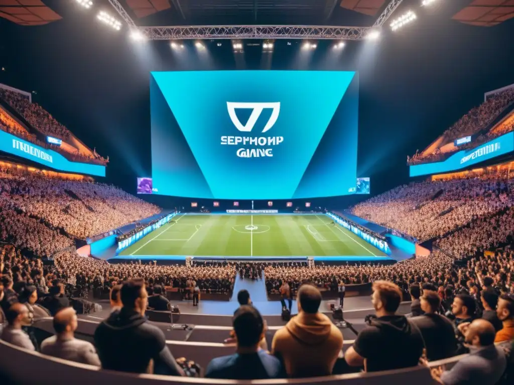 Comparativa eSports vs Deportes Tradicionales: Estadio tradicional lleno vs Arena de eSports abarrotada, reflejando la emoción y energía de ambos