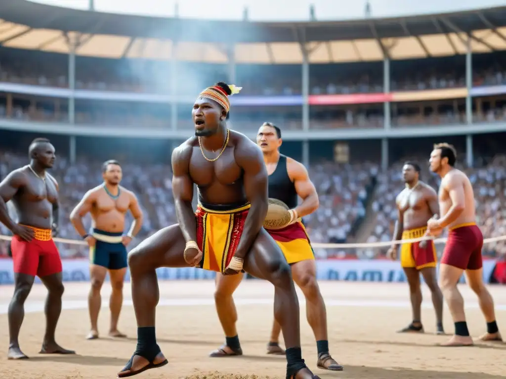 Competencia amistosa de deportes autóctonos en vibrante mercado multicultural