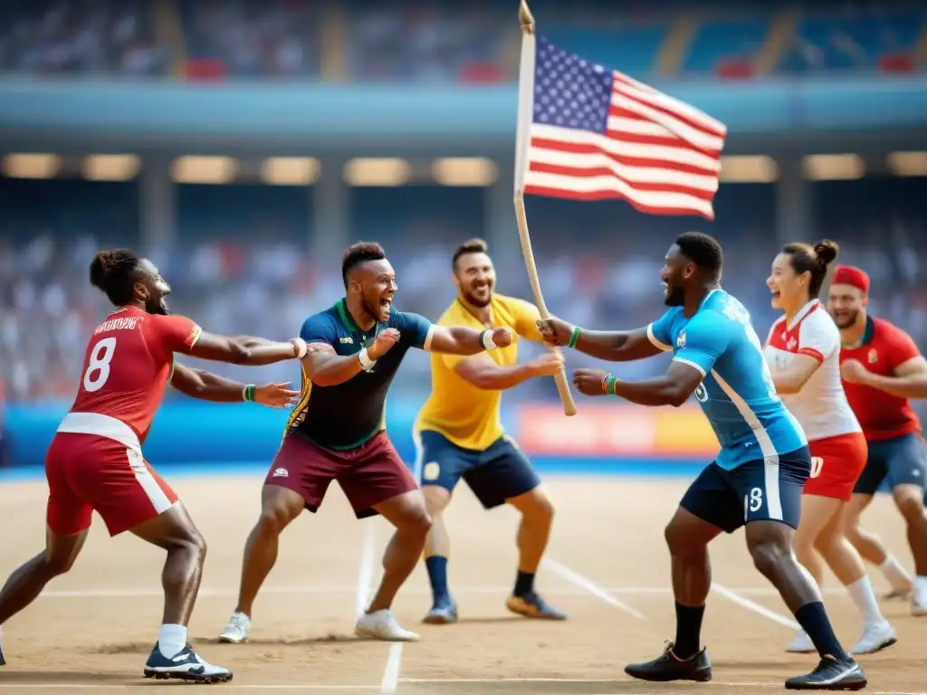 Competencia amistosa de Juegos tradicionales en las Olimpiadas: atletas de distintos países en el estadio