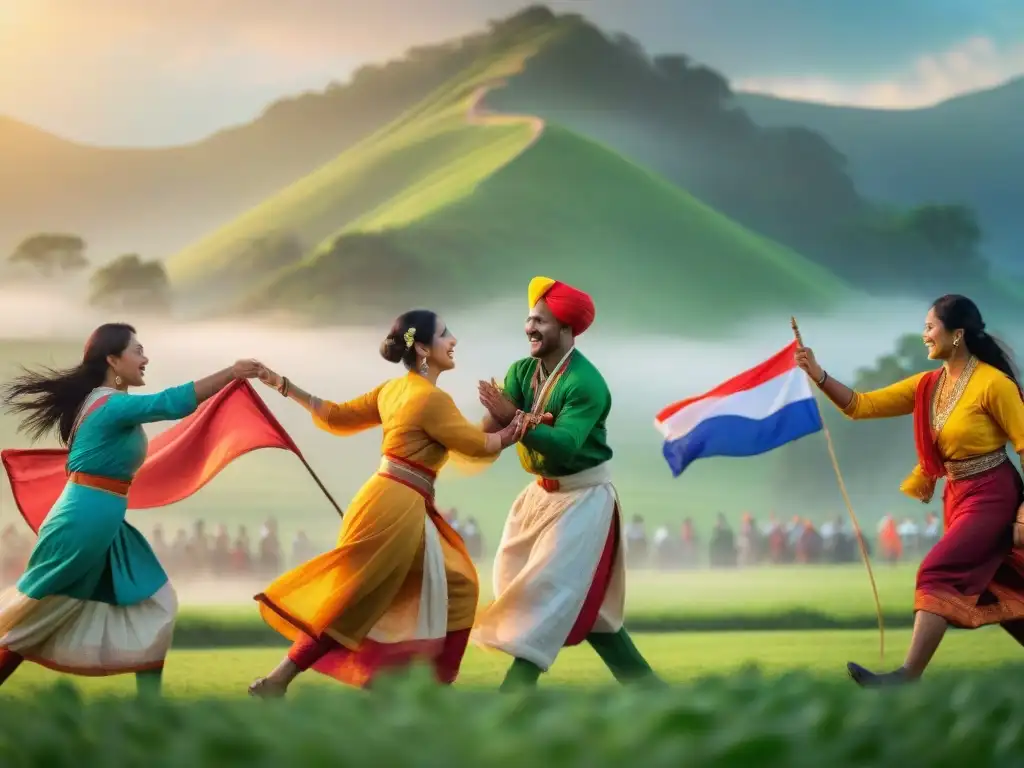 Competencia amistosa de juegos tradicionales culturas internacionales en un campo verde vibrante