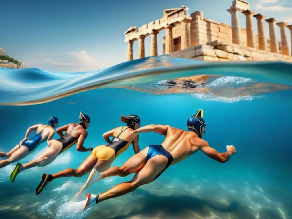 Competencia de natación en la antigua Grecia: atletas en el mar Mediterráneo con detalles históricos y arquitectura antigua