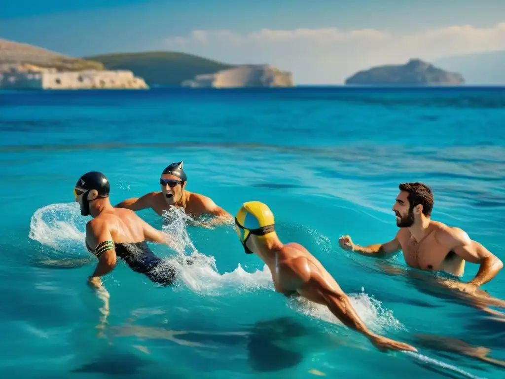 Competencia de natación en la antigua Grecia: atletas compiten en el mar Mediterráneo, mientras espectadores animan desde la costa rocosa