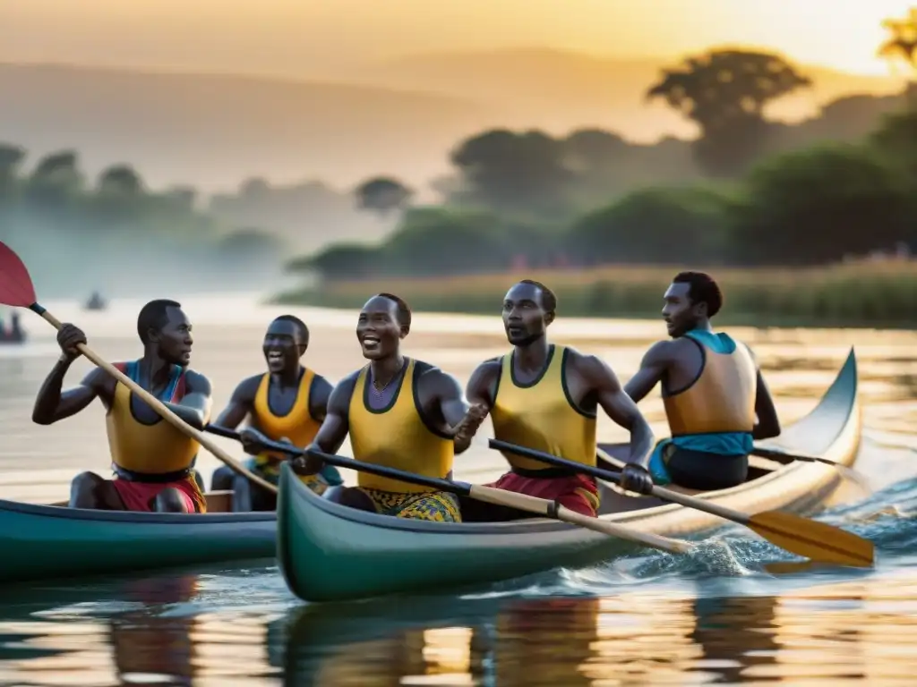 Competencia de canoas tradicionales en un río africano al atardecer