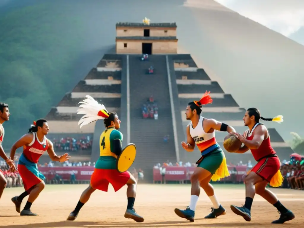 Competencia de deportes ancestrales: atletas indígenas compiten en un juego mesoamericano, destacando la identidad cultural y evolución comunitaria