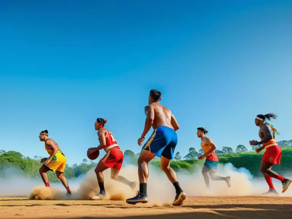 Competencia de deportes autóctonos tradicionales en una comunidad, reflejando identidades culturales bajo el cielo azul