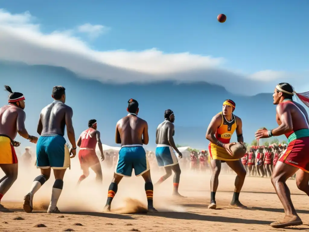 Competencia de deportes autóctonos tradicionales, atletas con atuendos vibrantes en un campo polvoriento