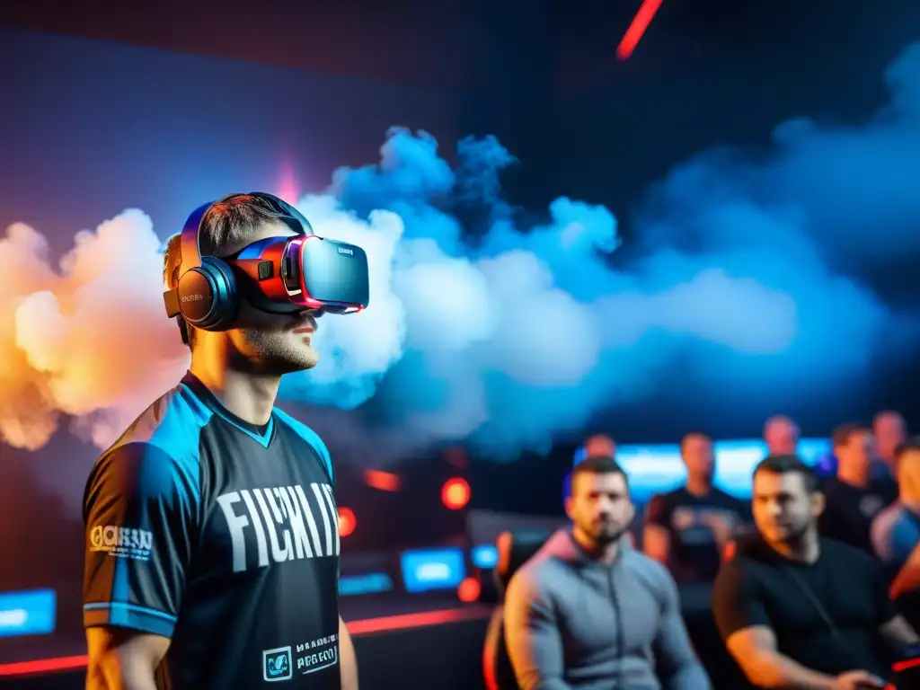 Competencia de deportes electrónicos en realidad virtual: jugadores profesionales inmersos en una arena futurista y vibrante