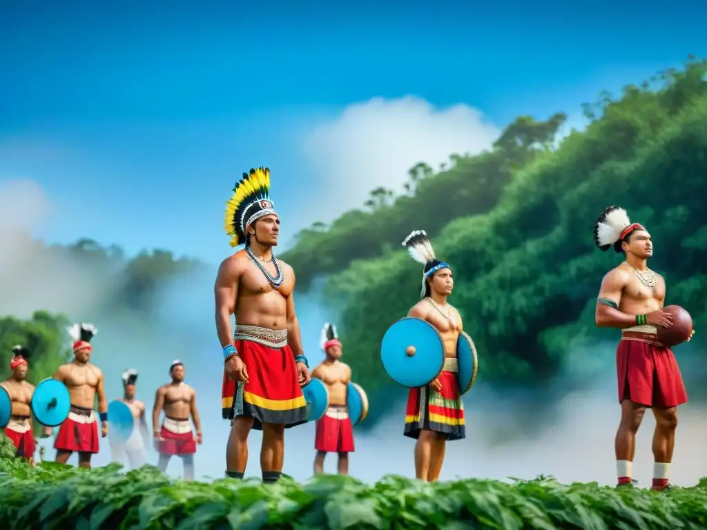 Competencia deportiva indígena: tradición y energía en la naturaleza Competencia de deportes nativos: atletas indígenas en vibrante juego tradicional bajo cielo azul y vegetación exuberante