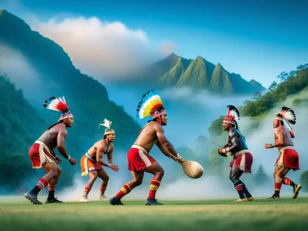 Deportistas indígenas compiten en evento tradicional Competencia de deportes nativos, historia y evolución cultural, con atletas indígenas en actividad tradicional ante montañas verdes y cielo azul claro